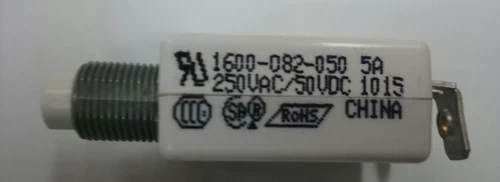 1600-082-050 Push To Reset Circuit Breaker, 5 Amp, White Button, Bent Screw Terminals