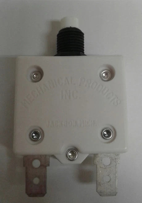 1680-037-050 Push To Reset 5 Amp Circuit Breaker, 3/8-27 Bushing, Spade Terminals, White Button