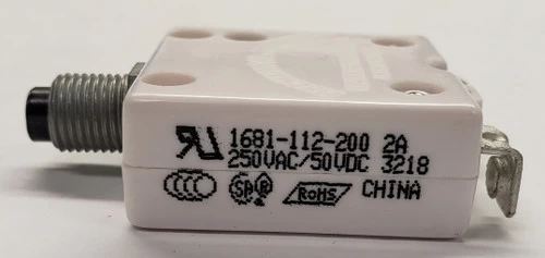 1681-112-200 Push To Reset Circuit Breaker, 2 Amps, Bent Screw Terminals