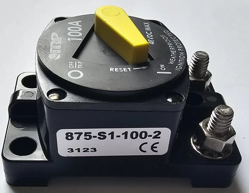 875-S1-100-2 Heavy Duty Marine Grade Surface Mount 100 Amp Circuit Breaker, Switchable Bar Arm - Image 2