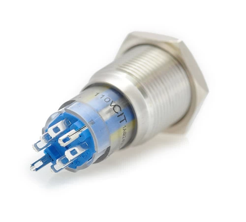 CH2LESB110S 16 Mm Anti Vandal Sealed Latching Push Button Switch, 110 Volt Blue Lit Ring - Image 2