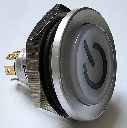 Otto Sealed Illuminated Power Dome Push Button, SPDT, 12 Volt White LED, Power Icon, Silver Case