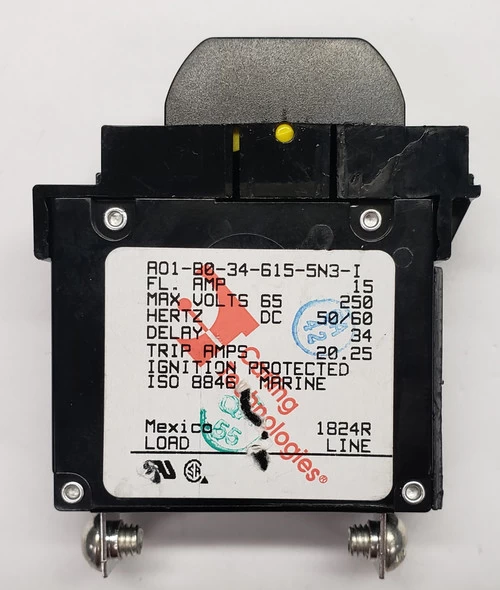 AO1-B0-34-615-5N3-I Carling Single Pole Marine Grade 15 Amp Rocker Type Circuit Breaker