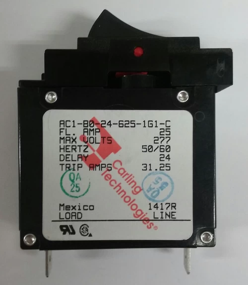 AC1-B0-24-625-1G1-C Carling Single Pole 25 Amp Circuit Breaker, Rocker Type, Spade Terminals